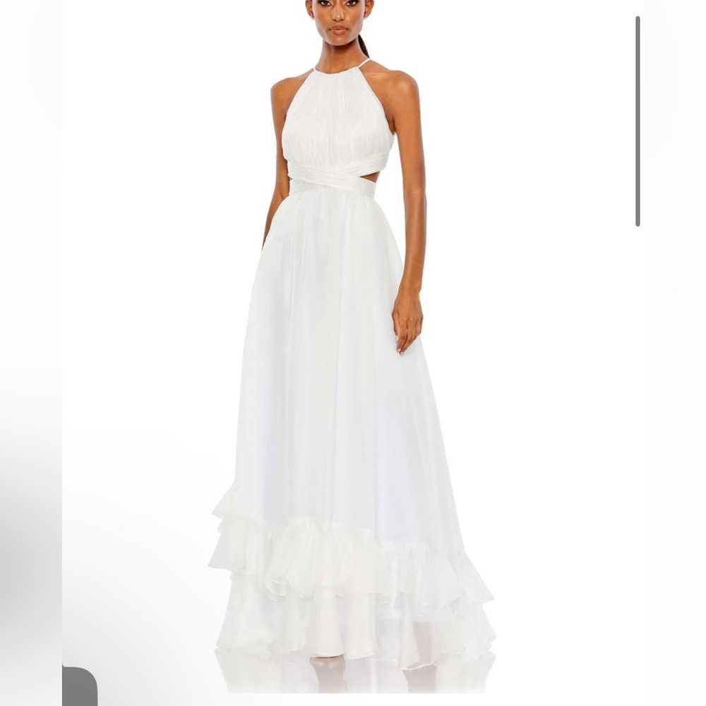 Mac Duggal White Maxi Dress with Ruffled Hem